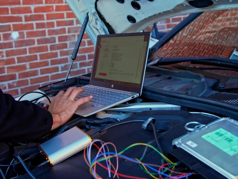 Laptop and ECU tool connected to a vehicle under the bonnet