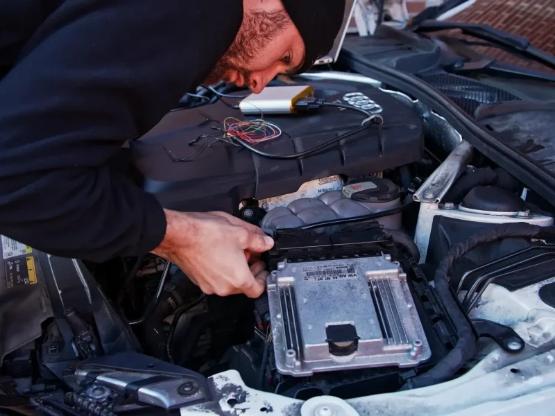 Technician connecting to the ECU under the bonnet