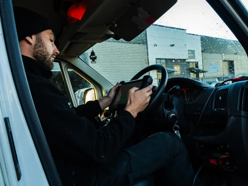 Technician reading a diagnostic tablet from the driver's seat of a van